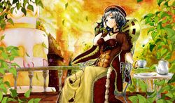  balcony bracelet cake castle cup dress duel_monster erolj evening food fruit headdress jewelry leaf looking_at_viewer madolche_queen_tiaramisu necklace short_hair silver_eyes silver_hair sitting smile strawberry strawberry_shortcake teacup teapot wind yuu-gi-ou 