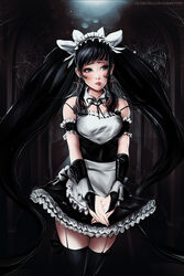  apron armband black_dress black_hair black_thighhighs blue_eyes breasts bridal_gauntlets cherry-gig commentary cover cover_page cross cross_earrings detached_collar dress earrings english_commentary female frilled_dress frills garter_straps highres jewelry lips long_hair maid maid_headdress original patreon_username photoshop_(medium) silk small_breasts solo spider_web standing thighhighs twintails v_arms very_long_hair waist_apron wrist_cuffs zettai_ryouiki 