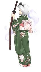  commentary_request female floral_print from_behind green_kimono highres holding holding_sword holding_weapon japanese_clothes katana kimono konpaku_youmu konpaku_youmu_(ghost) looking_back michael-x obi sandals sash scabbard sheath sheathed sword touhou weapon white_background zouri 