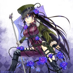  black_hair blue_eyes blue_flower blue_rose boots clothing_cutout commentary_request female flag flower hat himekiss jacket knee_boots ladder_cutout long_hair rose solo thigh_cutout thorns watermark zaza_(x-can01) zipper 