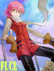  bad_id bad_pixiv_id copyright_name female flcl gloves haruhara_haruko karimero_(calimer0) leaning_back pink_hair railing scarf short_hair solo yellow_eyes 