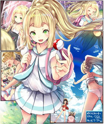  3girls alolan_exeggutor altaria ass backpack bag beauty_(pokemon) bikini bird black_hair blonde_hair blunt_bangs braid check_translation clefairy commentary_request e-co feathers fitting_room fluffy french_braid frilled_bikini frills green_eyes hat high_ponytail highres holding_strap lillie_(pokemon) long_hair multiple_girls on_head open_mouth outdoors poke_ball poke_ball_(basic) pokemon pokemon_(creature) pokemon_on_head pokemon_sm pokemon_usum ponytail red_bikini ribombee selene_(pokemon) shirt swablu swimsuit thumbs_up translation_request trying_on_clothes twin_braids unworn_hat unworn_headwear white_bikini white_shirt 