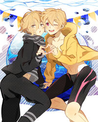  2boys 4-fingers_heart_hands ;d blonde_hair blush commentary_request crossover free! hazuki_nagisa heart heart_hands heart_hands_duo highres jacket jammers legskin male_focus male_swimwear mikado_nagi multiple_boys mumuto navel one_eye_closed open_mouth photoshop_(medium) pink_eyes season_connection smile uta_no_prince-sama uta_no_prince-sama_maji_love_2000_percent voice_actor_connection yellow_eyes yonaga_tsubasa 