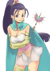  aiueonesan_(umanaminoatama) blue_cape breasts cape choker cleavage commentary_request dragon_quest dragon_quest_xi dress earrings elbow_gloves female gloves hair_strand high_ponytail holding holding_wand jewelry large_breasts long_hair looking_at_viewer miniskirt ponytail purple_eyes purple_hair senica_(dq11) simple_background skirt solo thighhighs wand white_background white_dress wide_ponytail yellow_gloves yellow_thighhighs 