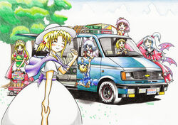  6+girls alice_margatroid alice_margatroid_(pc-98) anger_vein ankle_socks apron arm_behind_head artist_name blonde_hair blue_eyes blue_hair blue_sky blush book boombox bow capelet chevrolet chevrolet_astro clenched_teeth closed_eyes cloud colored_pencil_(medium) commentary_request demon_wings dress facing_viewer fanta goodyear grass grimace hair_bobbles hair_ornament hairbow hand_on_own_head hat holding_hands jumping louise_(touhou) mai_(touhou) maid_headdress motor_vehicle multiple_girls mystic_square nib_pen_(medium) out_of_frame outdoors outstretched_arms photoshop_(medium) pink_eyes pink_hair pov pov_hands puffy_short_sleeves puffy_sleeves red_dress ribbon sara_(touhou) sash shinki_(touhou) short_sleeves side_ponytail signature sky smile socks suitcase teeth tomozo8674 touhou touhou_(pc-98) toy_wagon traditional_media tree van waist_apron white_dress white_hair wings yellow_eyes yuki_(touhou) yumeko_(touhou) 