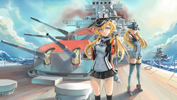  2girls adjusting_hair battleship bismarck_(battleship) bismarck_(kancolle) blonde_hair blue_eyes cannon commentary_request cruiser gloves hat highres historical_name_connection kantai_collection long_hair looking_at_viewer military military_uniform military_vehicle multiple_girls name_connection object_namesake ocean peaked_cap prinz_eugen_(cruiser) prinz_eugen_(kancolle) ship sima_naoteng skirt smile standing thighhighs twintails uniform vehicle_and_personification warship watercraft wooden_deck 