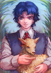  1boy blue_eyes blue_hair commentary_request hideki jojo_no_kimyou_na_bouken jonathan_joestar male_focus partial_commentary phantom_blood photoshop_(medium) sheep solo 