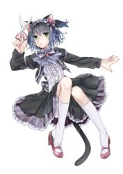  1boy animal_ears bad_id bad_pixiv_id bloomers blue_hair center_frills crossdressing frills full_body lolita_fashion lying male_focus mary_janes on_back otoko_no_ko ryoune_yami scissors shoe_dangle shoes socks solo tail thighhighs toudou_charo transparent_background underwear utau 