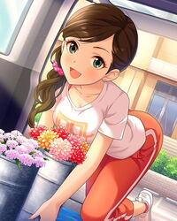  artist_request brown_hair collarbone earrings etou_misaki_(idolmaster) eyelashes female flower green_eyes holding idolmaster idolmaster_cinderella_girls jewelry looking_at_viewer low_ponytail official_art open_mouth pants plant shirt smile solo sweat t-shirt track_pants 