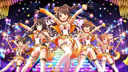  5girls :d abe_nana akagi_miria animal_ears arm_strap arm_up arms_up asymmetrical_legwear asymmetrical_sleeves black_gloves black_hair breasts brown_eyes brown_hair collarbone crown detached_sleeves floating_hair gloves green_eyes hair_ornament hand_on_own_hip hat head_tilt high_ponytail highres honda_mio idol idolmaster idolmaster_cinderella_girls jacket long_hair looking_at_viewer medium_breasts mini_crown mini_hat multiple_girls official_art one_side_up open_clothes open_jacket open_mouth party_time_gold_(idolmaster) rabbit_ears shibuya_rin shimamura_uzuki shirt short_hair short_shorts shorts sleeveless smile sparkle stairs standing thighhighs uneven_legwear uneven_sleeves white_background white_shirt white_shorts yellow_jacket 