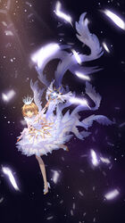  blonde_hair cardcaptor_sakura cardcaptor_sakura_clear_card_arc commentary_request crown feathered_wings feathers female flower full_body green_eyes hei_yu high_heels highres holding holding_staff kinomoto_sakura kinomoto_sakura_(crystal_feather_dress) layered_skirt magical_girl mini_crown multiple_wings shirt short_hair skirt sleeveless sleeveless_shirt solo staff white_feathers white_flower white_shirt white_skirt wings yume_no_tsue 