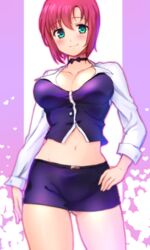  bad_id bad_pixiv_id blush bow bowtie breasts cleavage commentary_request cowboy_shot crop_top croupier female green_eyes hand_on_own_hip heart large_breasts looking_at_viewer midriff miniskirt navel nemuri_miyako pencil_skirt pink_hair rio_-rainbow_gate!- rio_rollins short_hair skirt smile solo super_blackjack 