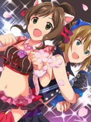  2girls absurdres animal_ears asterisk_(idolmaster) brown_hair cat_ears cat_tail cherry_blossoms commentary_request flower green_eyes hanawi_nova headphones highres idolmaster idolmaster_cinderella_girls looking_at_viewer maekawa_miku midriff multiple_girls oerba_yun_fang open_mouth over_the_collar_(idolmaster) short_hair smile tada_riina tail 