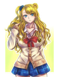  arm_behind_back asymmetrical_hair blonde_hair blue_eyes breasts commentary_request cowboy_shot female galko hair_bun hand_in_own_hair inaba-no-kuni-tottori large_breasts long_hair one_side_up oshiete!_galko-chan plaid plaid_skirt pleated_skirt school_uniform scrunchie single_side_bun skirt solo standing 