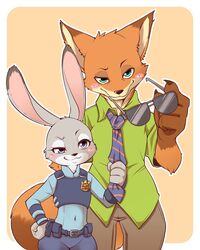  1boy disney female fox furry green_eyes judy_hopps nick_wilde police_ouftit purple_eyes rabbit risuou tie zootopia 