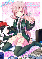  black_thighhighs breasts commentary_request controller danganronpa_(series) danganronpa_2:_goodbye_despair female galaga game_console game_controller gamecube hair_ornament hairclip handheld_game_console hood hoodie kneeling medium_breasts medium_hair nanami_chiaki nintendo pink_eyes pink_hair playstation_2 playstation_portable pleated_skirt qontamblue ribbon school_uniform shirt skirt smile solo super_famicom taut_clothes taut_shirt thighhighs virtual_boy wonderswan 