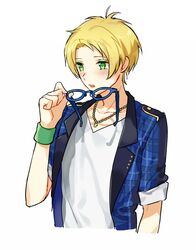  1boy blonde_hair blue-framed_eyewear blush commentary_request ensemble_stars! glasses green_eyes holding holding_removed_eyewear jacket jewelry male_focus necklace open_mouth partial_commentary plaid plaid_jacket short_hair solo toma_(norishio) trickstar_(ensemble_stars!) unworn_eyewear yuuki_makoto_(ensemble_stars!) 