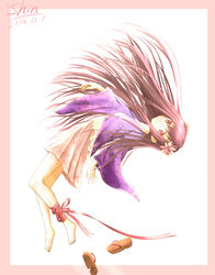  absurdres ankle_ribbon barefoot beta_x brown_eyes brown_hair commentary dated female geta highres leg_ribbon long_hair looking_at_viewer original ribbon sandals signature smile solo symbol-only_commentary 