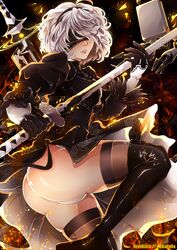  2b_(nier:automata) absurdres ass back_cutout black_dress black_hairband blindfold boots clothing_cutout commentary_request covered_eyes dress feather-trimmed_sleeves female hairband high_heel_boots high_heels highres holding holding_sword holding_weapon invidiata juliet_sleeves leotard long_sleeves mole mole_under_mouth nier:automata nier_(series) pod_(nier:automata) puffy_sleeves solo sword thigh_boots thighhighs thighhighs_under_boots thighs vambraces weapon white_hair white_leotard 