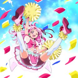  ;d aitaso bike_shorts bird cheerleader commentary_request cone_hair_bun confetti cure_yell double_bun earrings female full_body hair_bun hair_ornament hair_ribbon heart heart_hair_ornament heart_pouch hugtto!_precure jewelry jumping layered_skirt long_hair looking_at_viewer magical_girl navel nono_hana one_eye_closed open_mouth pink_eyes pink_footwear pink_hair pink_shirt pink_shorts pink_skirt pom_pom_(cheerleading) precure red_ribbon ribbon shirt shoes shorts shorts_under_skirt skirt sky sleeveless sleeveless_shirt smile solo spread_legs thick_eyelashes thighhighs v_legs white_thighhighs wide_spread_legs 