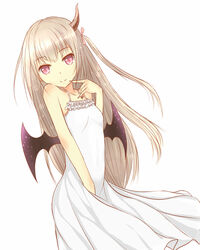  bat_wings beta_x breasts camisole commentary_request dress female hair_ribbon head_tilt highres horns long_hair looking_at_viewer original purple_eyes ribbon silver_hair simple_background single_horn small_breasts smile solo white_background white_dress wings 