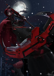  absurdres beowolf boots cape cloud commentary_request crescent_rose cross dated dress female full_moon grimm_(rwby) highres leung_lik_hang moon night pantyhose petals photoshop_(medium) red_hair rose_petals ruby_rose rwby scythe short_hair signature skirt sky snow weapon wolf 