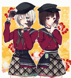  2girls adjusting_clothes adjusting_headwear aoba_moca aqua_eyes bang_dream! black_choker black_gloves black_hair black_hat black_neckerchief bob_cut buttons choker commentary_request double-breasted floral_background gloves grey_hair grin half_gloves hand_on_own_cheek hand_on_own_face hat long_sleeves lost_one_no_goukoku_(vocaloid) mitake_ran mizukikushou multicolored_hair multiple_girls neckerchief one_eye_closed outline plaid plaid_skirt pleated_skirt plum_blossom_print purple_eyes red_hair red_shirt school_uniform serafuku shirt short_hair single_glove skirt smile streaked_hair white_outline 