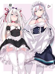  2girls :t animal_ears aoi_takeru apron azur_lane bare_shoulders belfast_(azur_lane) black_dress blue_eyes blush bow braid breasts buttons chains choker cleavage clothes_lift collar collarbone commentary detached_sleeves dress dress_lift french_braid frilled_skirt frills from_below gloves hair_between_eyes hair_ornament hair_ribbon hairbow hammann_(azur_lane) heart highres large_breasts lifting_own_clothes long_hair looking_at_viewer maid maid_apron maid_headdress multiple_girls pout puffy_short_sleeves puffy_sleeves purple_bow red_ribbon retrofit_(azur_lane) ribbon short_sleeves simple_background skirt skirt_lift small_breasts smile spoken_heart spoken_squiggle squiggle strapless sweatdrop thighhighs tsurime turret two_side_up upskirt very_long_hair white_gloves white_hair white_thighhighs 