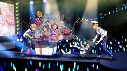  2girls 3boys akizuki_ryo antenna_hair balloon blue_hair brown_hair commentary confetti cute_&amp;_girly_(idolmaster) dearly_stars_(idolmaster) dress f-lags_(idolmaster) falling gift glowstick green_hair hair_over_one_eye hidaka_ai idol idolmaster idolmaster_dearly_stars idolmaster_side-m kabuto_daigo luncheon_meat_umai mizutani_eri multiple_boys multiple_girls orange_hair oversized_object pink_hair pushcart shirt short_hair stage starting_brighty_(idolmaster) striped_clothes striped_shirt surprised symbol-only_commentary tsukumo_kazuki 