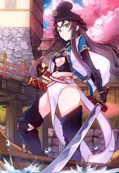  black_footwear black_hair boat boots breasts building cherry_blossoms cleavage_cutout closed_mouth clothing_cutout commentary_request day female full_body gauntlets green_eyes holding holding_sword holding_weapon jacket kaihime katana layered_clothes layered_sleeves long_hair long_skirt long_sleeves looking_at_viewer medium_breasts moeru!_jiten moeru!_senjou_no_otome_jiten official_art outdoors pelvic_curtain short_over_long_sleeves short_sleeves skirt smile solo standing sword thigh_boots thighhighs underboob usugiri_bacon water watercraft weapon white_jacket white_skirt 