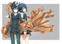  belt buckle commentary_request dual_persona female fur_hat gabiran gakuen_kino green_eyes green_hair hat holster kino_(kino_no_tabi) kino_no_tabi leather_belt photoshop_(medium) rectangle school_uniform short_hair skirt smile 