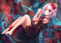  :o ankle_ribbon aqua_eyes bad_id bad_pixiv_id bare_legs bare_shoulders barefoot black_dress black_skirt dress female flower from_above from_side full_body hair_flower hair_ornament heterochromia leg_ribbon looking_at_viewer lying maka_neko off-shoulder_dress off_shoulder on_side original parted_lips pink_hair red_eyes red_flower red_rose ribbon rose short_hair skirt solo sparkle tiara 