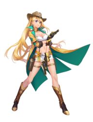  artist_request blonde_hair blue_eyes boots breasts cleavage coat cowboy_hat cuffs detached_collar dual_wielding female full_body gloves gun handcuffs handgun hat highres holding holster lips long_coat long_hair looking_at_viewer medium_breasts midriff miniskirt navel official_art pencil_skirt revolver sheriff_badge skirt sleeves_past_elbows sleeves_rolled_up smile solo standing tenshi_mikadokuni thigh_holster transparent_background trigger_discipline twintails weapon 