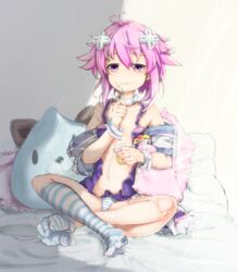  akisame_minori bare_shoulders choker commentary_request d-pad d-pad_hair_ornament eating female food food_on_face hair_ornament navel neptune_(neptunia) neptune_(series) panties purple_eyes purple_hair solo spoon striped_clothes striped_panties striped_thighhighs thighhighs underwear undressing 