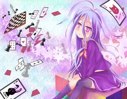  beta_x black_thighhighs blue_hair board_game card chess chess_piece chessboard commentary_request female highres long_hair looking_at_viewer no_game_no_life playing_card purple_eyes school_uniform serafuku shiro_(no_game_no_life) sitting solo thighhighs 