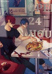  2boys bad_id bad_twitter_id black_shirt blood blood_on_fork blood_on_knife blood_on_shoes blue_eyes blue_hair booth_seating burger cherry contemporary dd_(vktr4837) diner fate/grand_order fate_(series) food fork french_fries fruit ice_cream knife koha-ace looking_at_another major_matou male_focus menu mori_nagayoshi_(fate) multiple_boys red_hair sharp_teeth shirt shoes sneakers spiked_hair sundae table teeth wavy_hair white_shirt window 