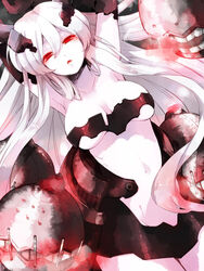  abyssal_ship anchorage_princess arms_up bad_id bad_pixiv_id breasts cleavage collarbone colored_skin female groin hair_ornament hidaka_ryou kantai_collection large_breasts long_hair open_mouth photoshop_(medium) red_eyes solo underboob very_long_hair white_hair white_skin 