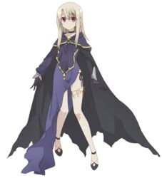  black_gloves black_panties blonde_hair cape card_holster choker cosplay dress fate/kaleid_liner_prisma_illya fate_(series) female full_body gloves highres holster illyasviel_von_einzbern legs long_hair looking_at_viewer medea_(fate) medea_(fate)_(cosplay) panties purple_dress red_eyes side-tie_panties solo standing thigh_holster transparent_background underwear 