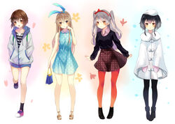  4girls :d alternate_costume amahara_pekozaemon amatsukaze_(kancolle) bad_id bad_pixiv_id bag beret black_hair black_pantyhose black_socks blonde_hair blush brown_eyes brown_hair casual coat dress full_body grey_hair hair_ribbon handbag hands_in_pockets hat jacket kantai_collection long_hair long_sleeves mittens multiple_girls open_mouth orange_legwear pantyhose polka_dot polka_dot_dress ribbon shimakaze_(kancolle) short_hair smile socks standing standing_on_one_leg tokitsukaze_(kancolle) two_side_up unmoving_pattern yukikaze_(kancolle) 