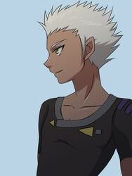  1boy bad_id bad_pixiv_id bakugan bakugan_gundalian_invaders black_shirt blue_background dark-skinned_male dark_skin male_focus redxbluexlost ren_krawler shirt smile solo tight_clothes tight_shirt white_hair yellow_eyes 