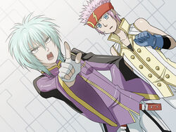  2boys ace_grit anime_coloring bad_id bad_pixiv_id bakugan bakugan_new_vestroia bandana baron_leltoy belt gloves green_hair multiple_boys pointing purple_eyes purple_hair purple_shirt redxbluexlost shirt short_hair sleeveless_blazer sweatdrop white_gloves 