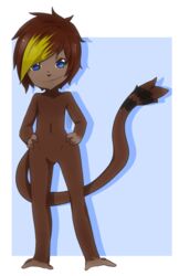  4_fingers anthro barefoot big_head black_body black_fur blue_eyes border brown_body brown_fur brown_hair chibi featureless_crotch feet fingers front_view fur hair hands_on_hips haplorhine hindpaw jameson looking_at_viewer male mammal monkey monkeyboi multicolored_hair nude outside paws primate quent short_hair solo standing toony 