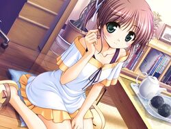  asagiri_mai august_soft blush book bookshelf brown_hair closed_mouth collarbone dress female green_eyes hair_ornament hair_ribbon looking_at_viewer ribbon short_dress sitting smile solo tea teapot wariza yoake_mae_yori_ruri_iro_na 