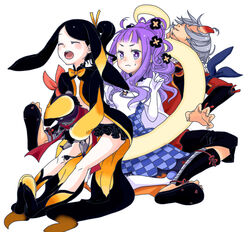  1boy 2girls black_hair cacao_(99chocolove99) closed_eyes commentary_request dress gloves grey_hair hair_ornament hairband kagerou_(summon_night) long_hair multiple_girls open_mouth pariet ponytail purple_eyes purple_hair shoes side_ponytail simple_background skirt spinel_(summon_night) summon_night summon_night_5 white_background 