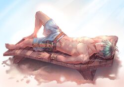  blue_eyes closed_eyes ephraim fire_emblem fire_emblem:_seima_no_kouseki fire_emblem_heroes green_hair male_focus muscle navel paula_biedma short_hair sleeping solo swimsuit 