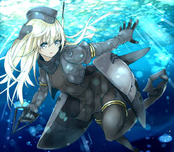  azure_luna black_dress black_pantyhose blonde_hair blue_eyes commentary_request cropped_jacket dress female garrison_cap hat kantai_collection long_hair long_sleeves military military_uniform open_mouth pantyhose puffy_long_sleeves puffy_sleeves solo thigh_strap u-511_(kancolle) underwater uniform water 