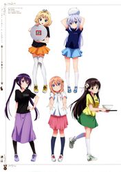  5girls absurdres aqua_eyes arms_behind_head arms_up black_legwear black_shirt blonde_hair blue_eyes blue_footwear blue_hair blue_shirt blue_skirt blush breasts brown_hair closed_mouth collarbone flower gochuumon_wa_usagi_desu_ka? green_eyes green_skirt hair_flower hair_ornament hairclip hand_on_own_hip highres holding holding_tray hoto_cocoa itagaki_atsushi kafuu_chino kirima_syaro kneehighs long_hair looking_at_viewer medium_breasts multiple_girls official_art open_mouth orange_skirt over-kneehighs parted_lips purple_eyes purple_footwear purple_hair purple_skirt red_skirt scan shirt shoes short_hair short_sleeves skirt smile sneakers socks tedeza_rize thighhighs tippy_(gochiusa) translation_request tray twintails ujimatsu_chiya white_footwear white_legwear x_hair_ornament yellow_footwear yellow_shirt 