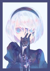  2b_(nier:automata) absurdres bad_id bad_twitter_id black_border black_dress black_hairband blue_eyes border cleavage_cutout clothing_cutout dress feather-trimmed_sleeves female fortisselle hairband hand_to_own_mouth highres juliet_sleeves long_sleeves looking_at_viewer nier:automata nier_(series) no_blindfold outside_border portrait puffy_sleeves slime_(substance) solo white_background white_hair 