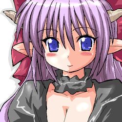  blue_eyes blush breasts cleavage commentary_request female gomamiso_(gomamiso_sp) horns long_hair looking_at_viewer lowres ma_ga_ochiru_yoru medium_breasts oekaki outline pointy_ears purple_hair sheliss_elleness_zurbach simple_background smile solo upper_body white_background 