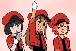  0_0 3girls :d =_= aa-5100 ae-3803 ahoge bad_id bad_twitter_id black_hair blunt_bangs bob_cut brown_hair cellphone clenched_hand cropped_jacket gloves hat hataraku_saibou jacket jitome long_hair multiple_girls nt-4201 open_mouth pale_skin parody phone pink_background red_blood_cell_(hataraku_saibou) red_hair red_jacket simple_background smartphone smile sorrysap style_parody triangle_mouth triple_baka_(vocaloid) upper_body white_gloves 